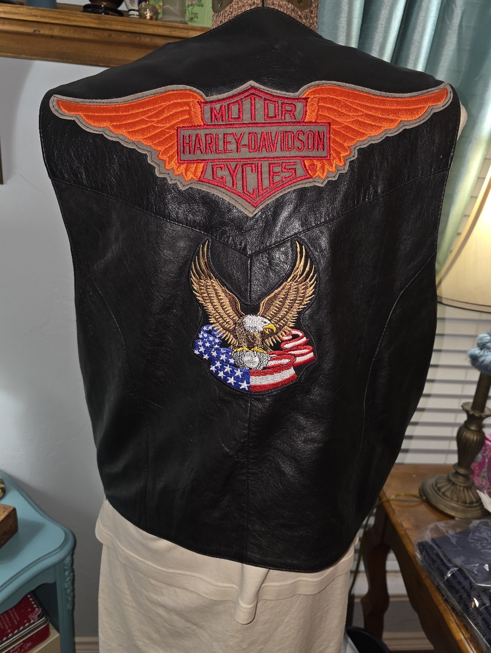 Harley-Davidson Black Leather Vest with Orange Winged Logo Eagle Patch Size XL